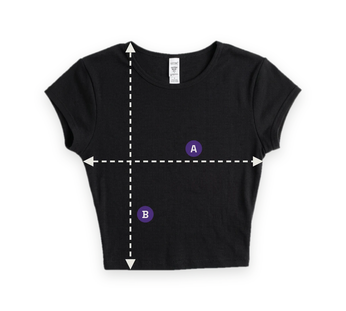 Baby tee laid flat. A is width across the chest, B is length from shoulder to hem.